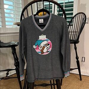 Festive Gray V-Neck Sweater with Cartoon Design BUC-EE’S